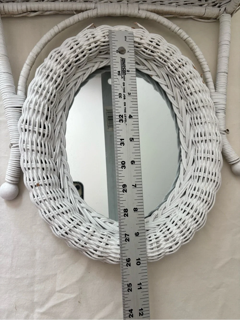 Vintage Wicker Oval Vanity Mirror with Storage - White